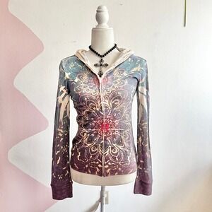 Vintage Y2k Zip Up Hoodie Paisley 2000s Tattoo Cyber Grunge Fairy Small